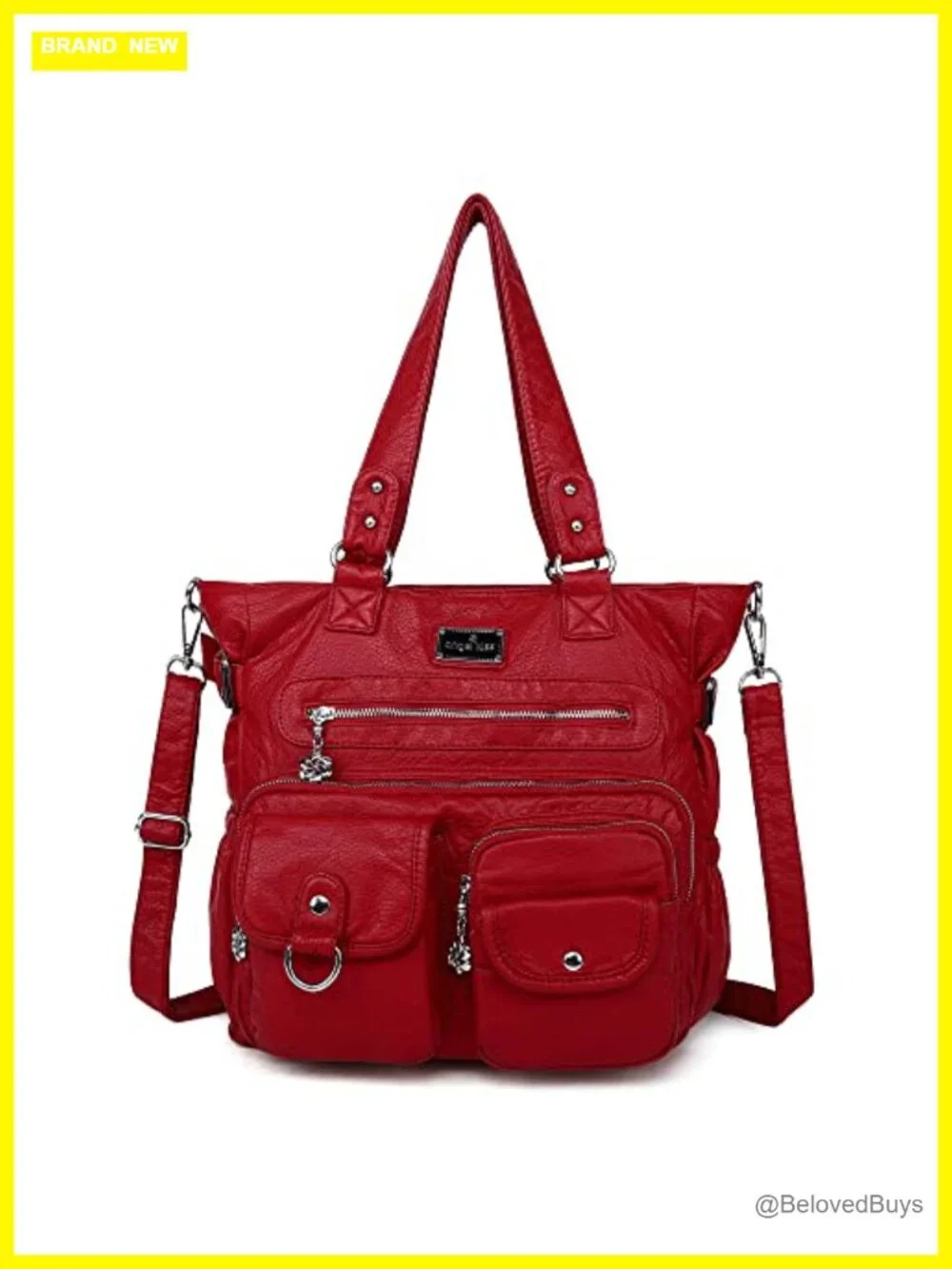 Large PU Leather Satchel Handbag with Adjustable Strap, 7 Pockets, Zipper